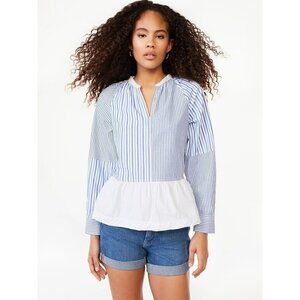 NWT Free Assembly Women's V-Neck Long Sleeves Cotton Peplum Top